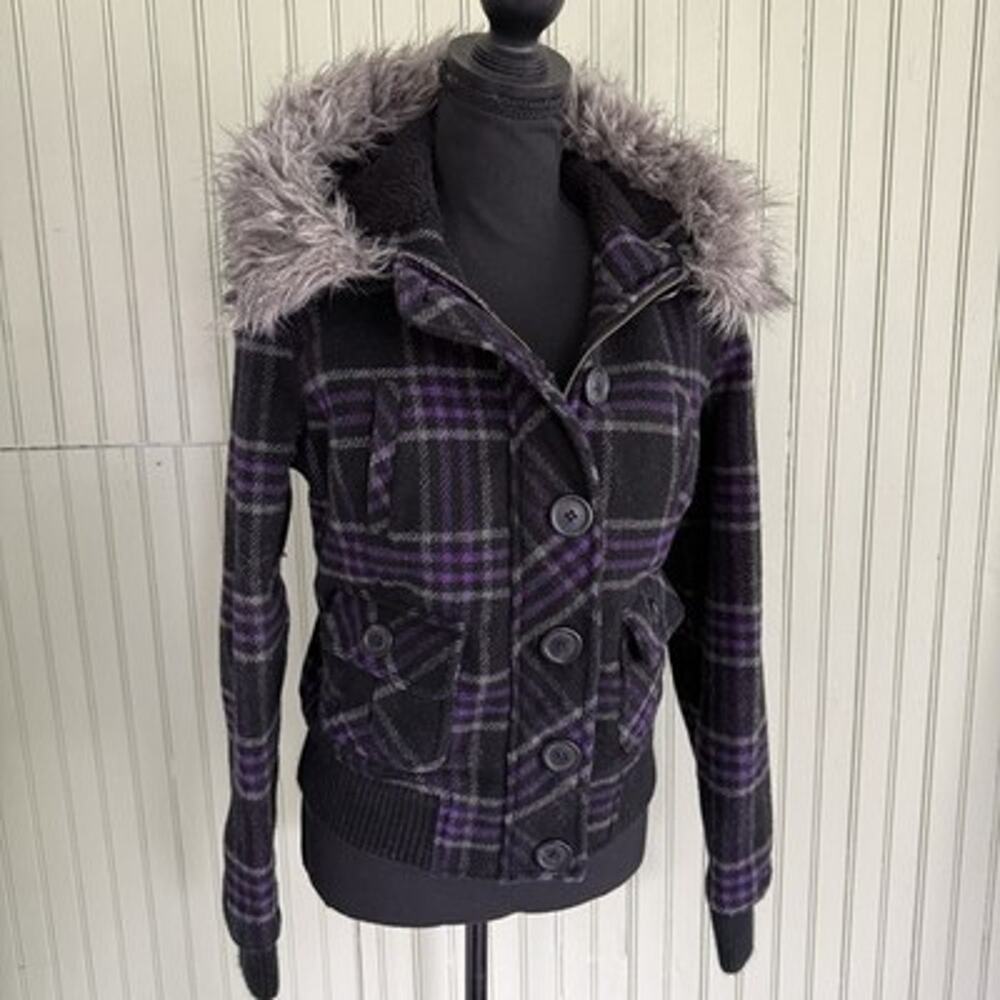 Y2K Aéropostale Plaid Winter Coat Fur Hood Medium Purple Black Emo Scene Jacket